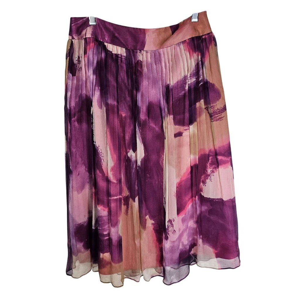 Lafayette 148 Silk Pleated‎ Midi Skirt 8 Purple Pink Watercolor Fairy Whimsical